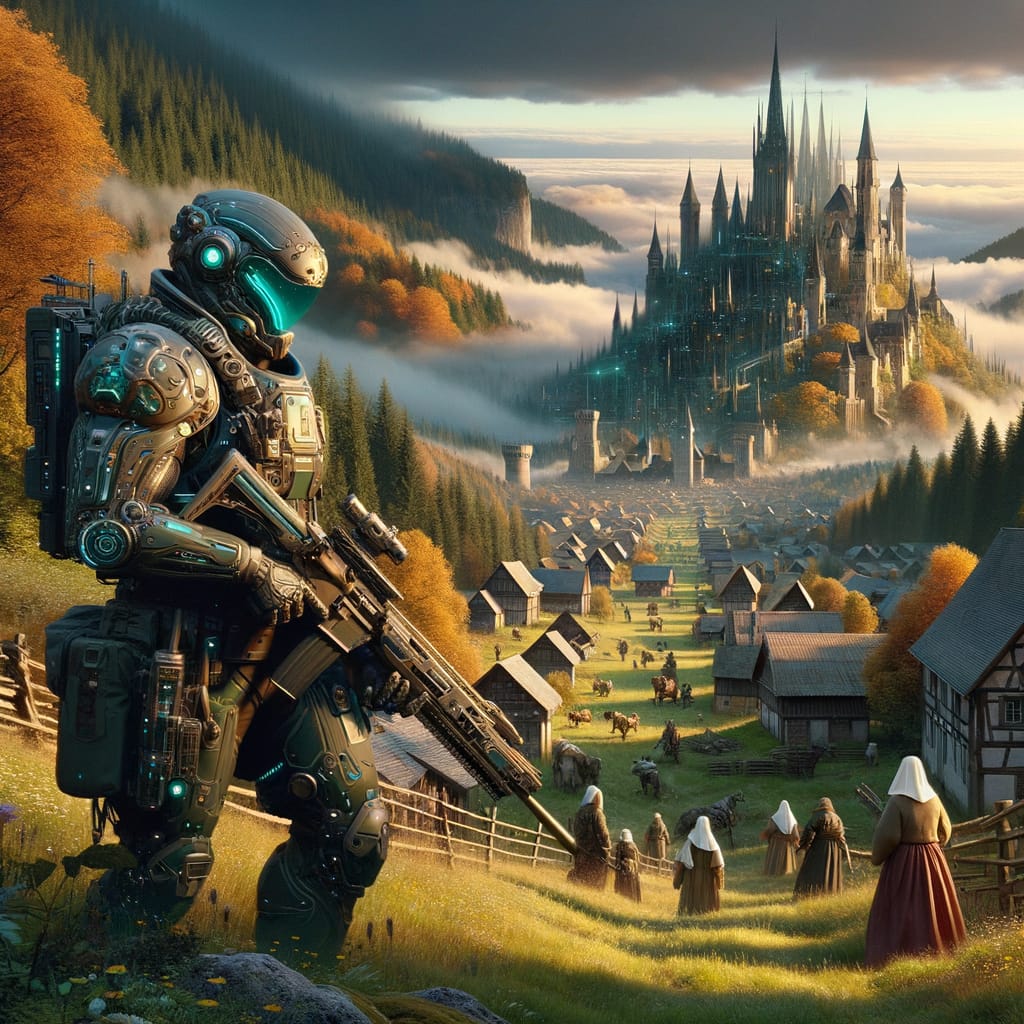 A futuristic armored soldier overlooking a medieval village and castle in a misty valley.