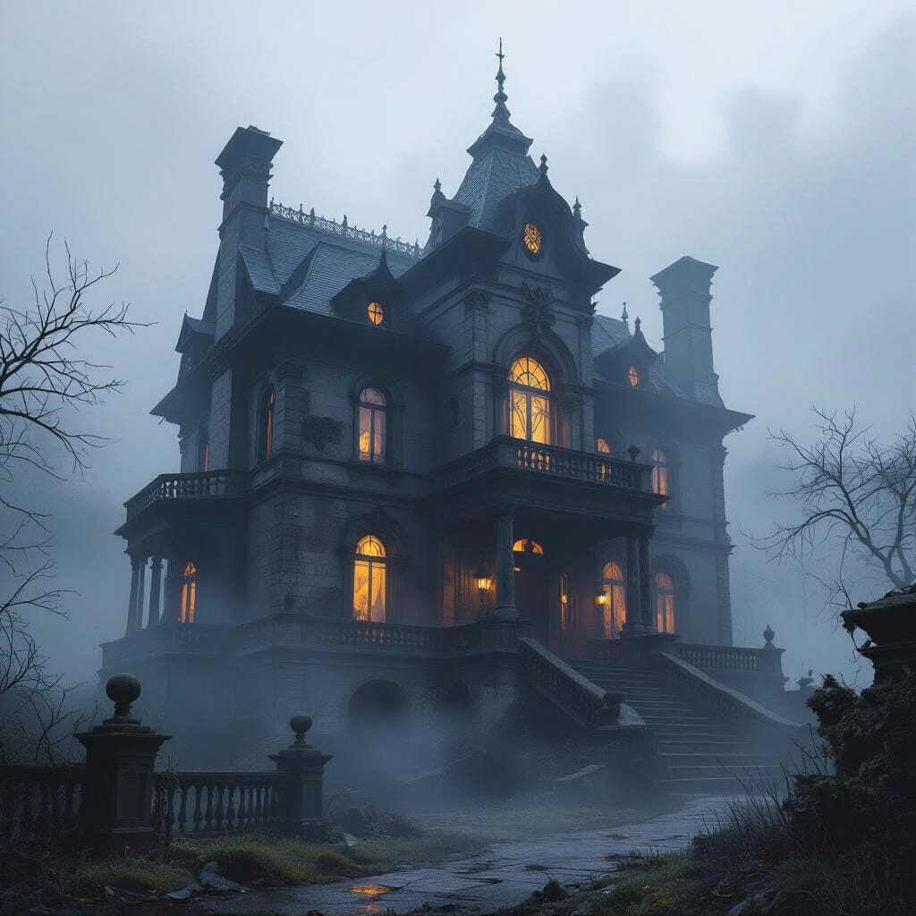 An ominous Victorian mansion in fog with warm light glowing from its windows.
