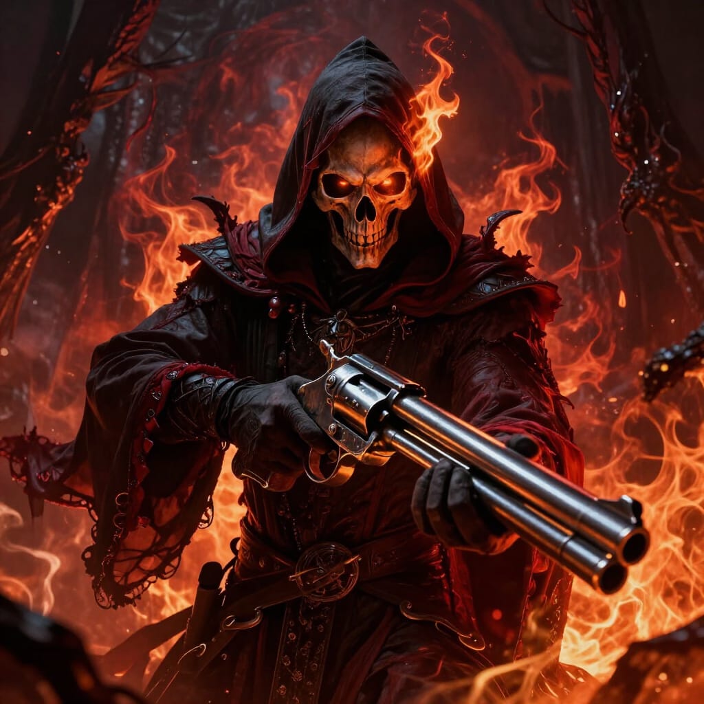 A hooded underworld figure with a flaming skull face aiming a weapon surrounded by fire.